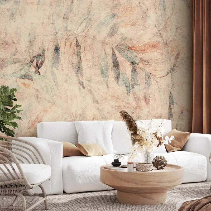 Fototapeta - Greckie laury - kompozycja z liśćmi w desenie na tle w żółtych tonach - obrazek 1