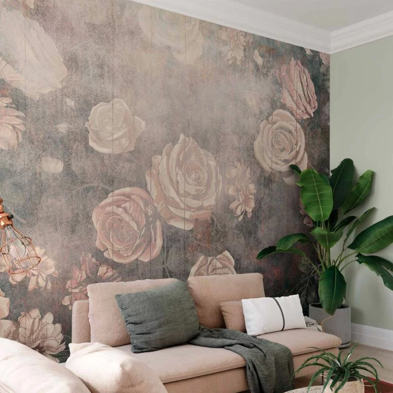 Fototapeta - Mglista natura - pomarańczowe kwiaty na tle o niejednolitej teksturze - obrazek 1