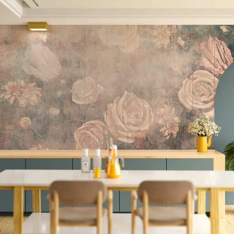 Fototapeta - Mglista natura - pomarańczowe kwiaty na tle o niejednolitej teksturze - obrazek 1