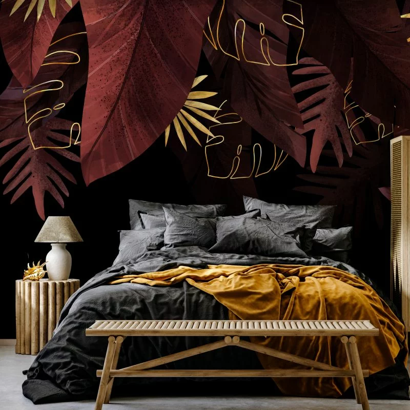 Fototapeta wodoodporna - Dżungla i kompozycja - motyw czerwonych i złotych liści na czarnym tle - obrazek 1