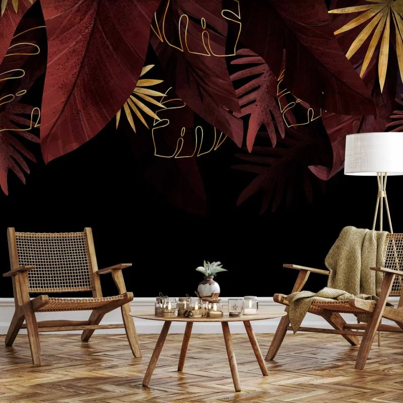 Fototapeta - Dżungla i kompozycja - motyw czerwonych i złotych liści na czarnym tle - obrazek 1