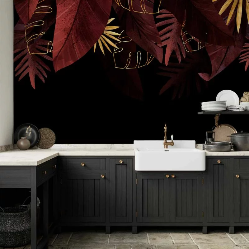 Fototapeta - Dżungla i kompozycja - motyw czerwonych i złotych liści na czarnym tle - obrazek 1