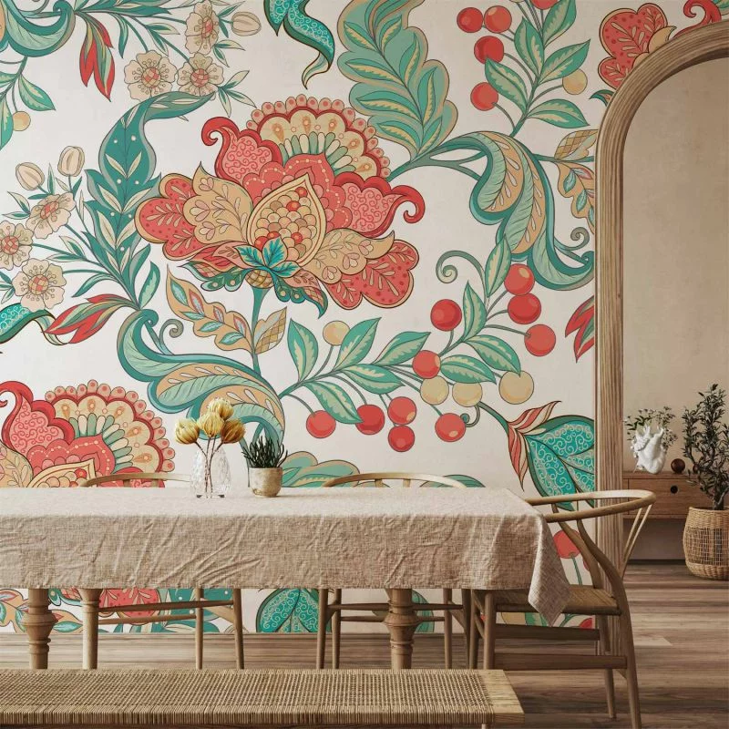 Fototapeta - Etniczna roślinność - motyw roślinny z ornamentami w kolorowe kwiaty - obrazek 1