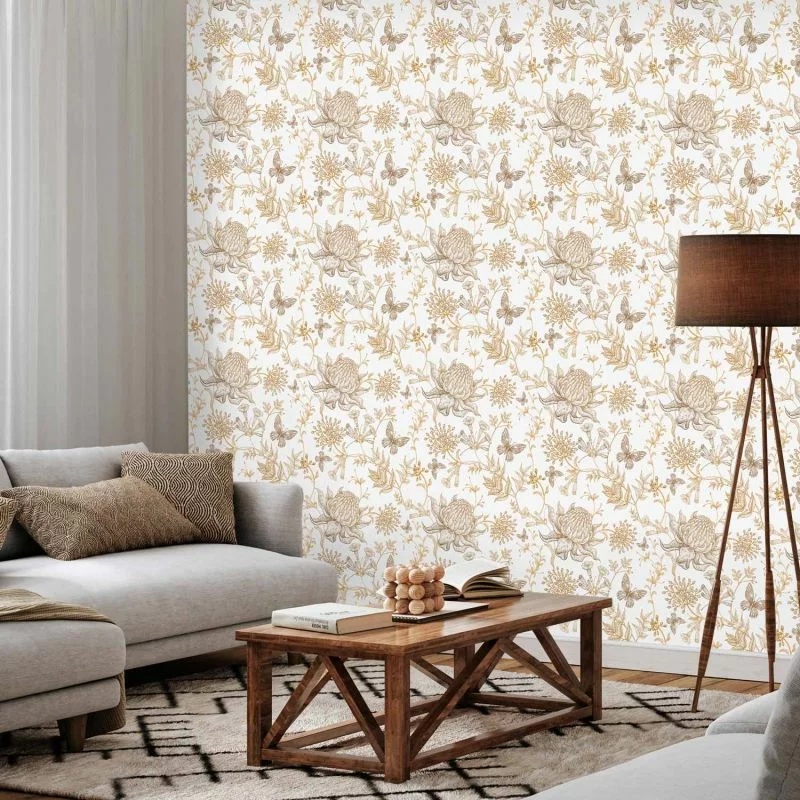 Tapeta - Beżowe kwiaty i motyle na białym tle - obrazek 1