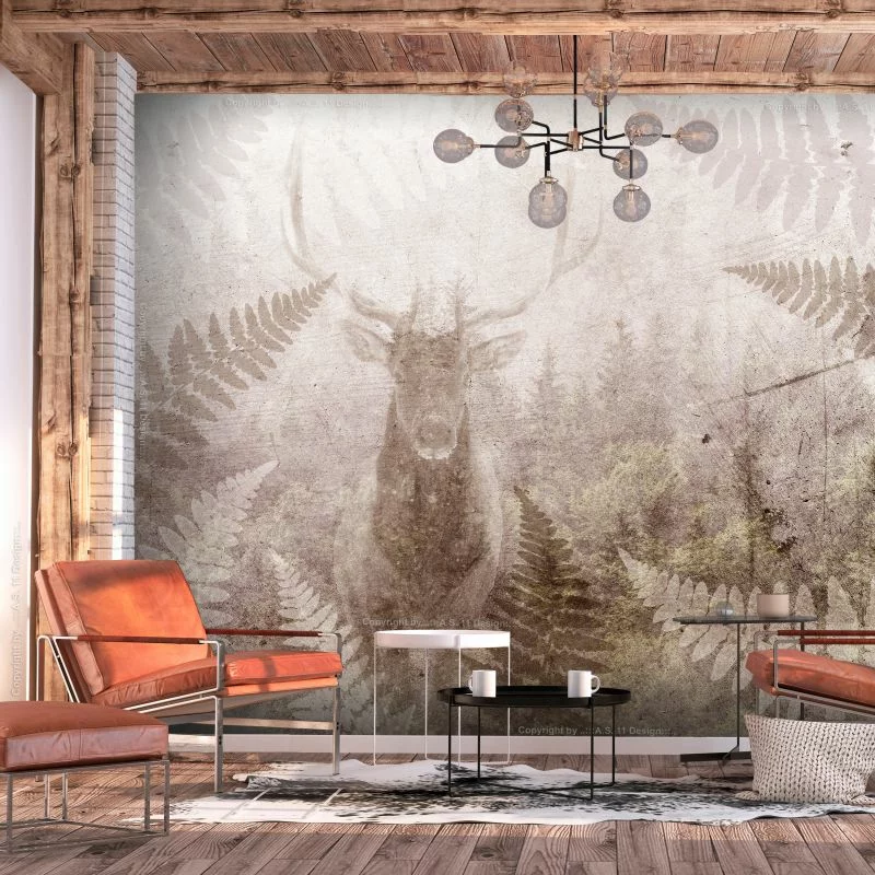 Fototapeta wodoodporna - Leśny motyw - jeleń z porożem wśród liści paproci na betonowym deseniu - obrazek 1