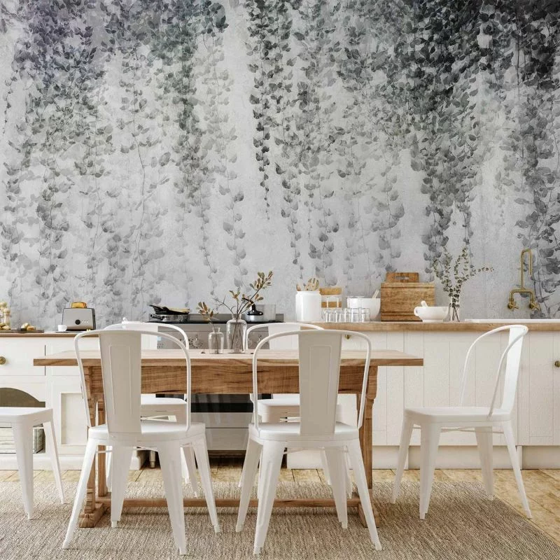 Fototapeta - Oaza spokoju - pejzaż wiszących pnącz czarnych liści na szarym tle - obrazek 1