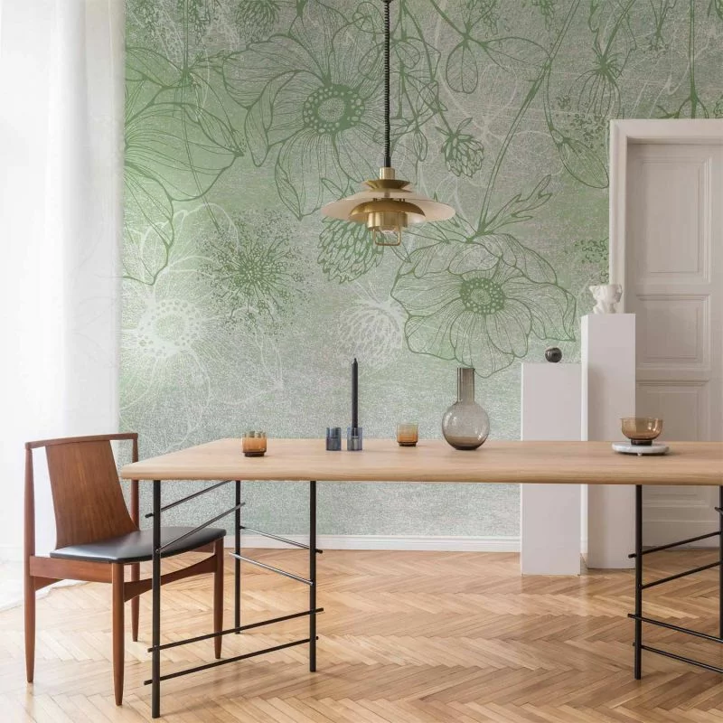 Fototapeta - Kwiecista łąka - natura z polnymi kwiatami lineart na zielonym tle - obrazek 1