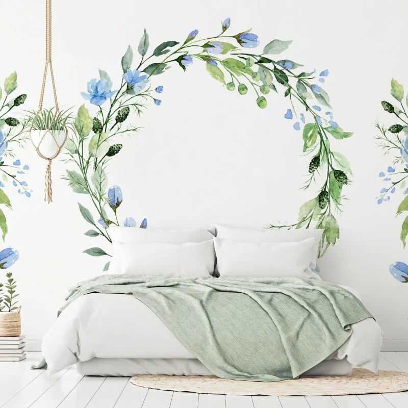 Fototapeta wodoodporna - Romantyczny wieniec - motyw roślinny z niebieskimi kwiatami i liśćmi - obrazek 1