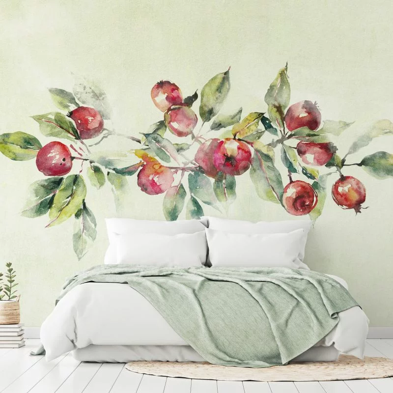 Fototapeta wodoodporna - Gałąź jabłoni - delikatny pejzaż z rośliną i jabłkami na białym tle - obrazek 1
