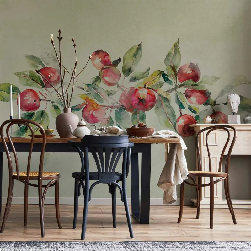 Fototapeta - Gałąź jabłoni - delikatny pejzaż z rośliną i jabłkami na białym tle - obrazek 1