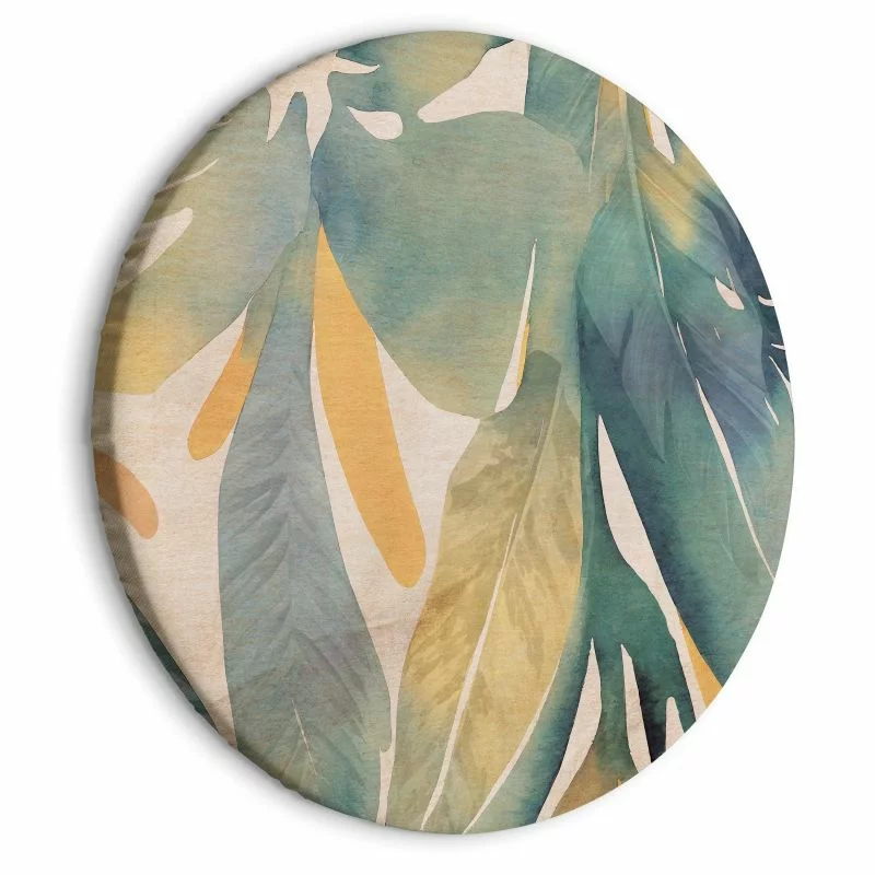 Obraz okrągły - Akwarelowa egzotyka - Zwisające delikatne tropikalne rośliny w barwach zieleni i żółci na beżowym tle/Akwarelowy tropik - obrazek 1