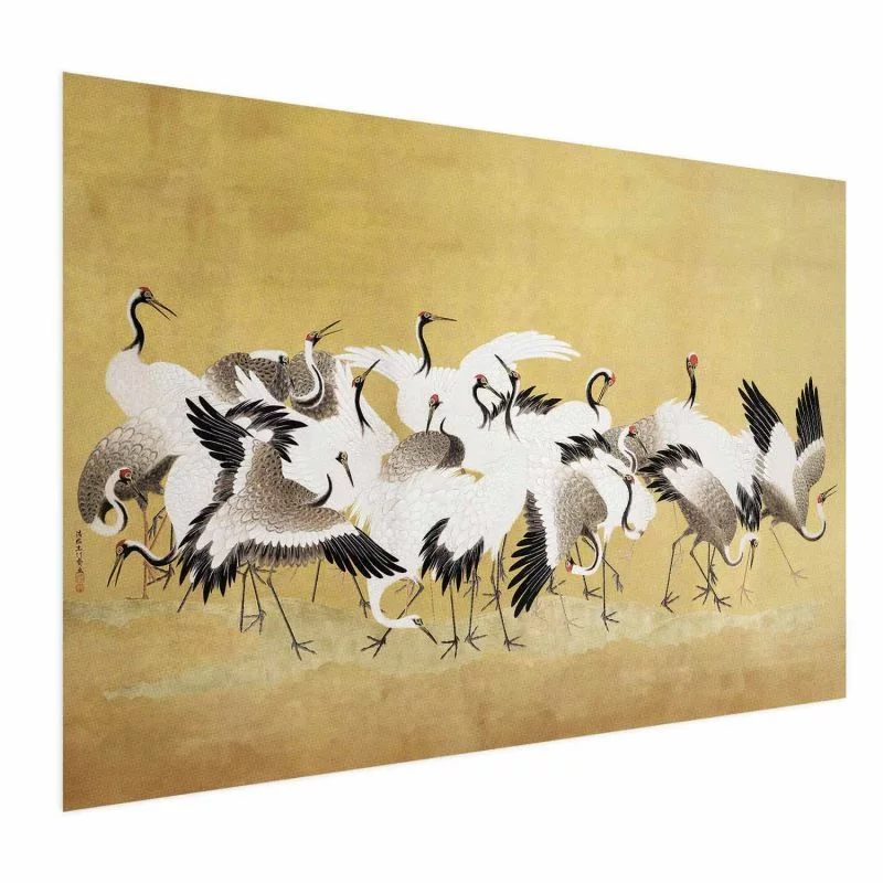 Plakat - Japońskie żurawie - stado ptaków na tle w odcieniu złota na podstawie obrazu Ishida Yūtei - obrazek 1