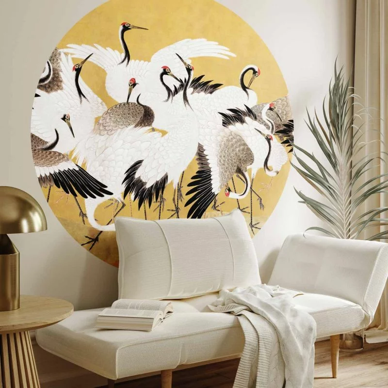 Fototapeta okrągła - Japońskie żurawie - stado ptaków na tle w odcieniu złota na podstawie obrazu Ishida Yūtei - obrazek 1