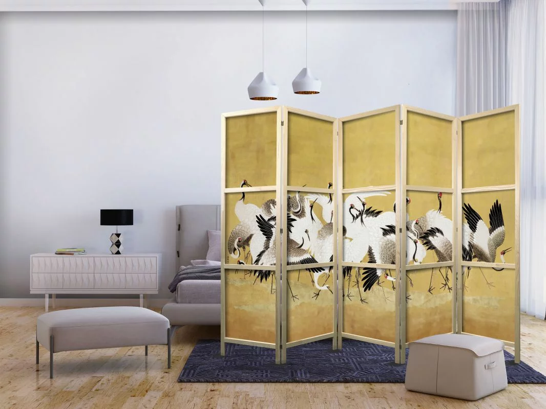 Parawan japoński - Japońskie żurawie - stado ptaków na tle w odcieniu złota na podstawie obrazu Ishida Yūtei - obrazek 1