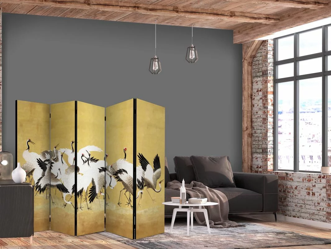 Parawan - Japońskie żurawie - stado ptaków na tle w odcieniu złota na podstawie obrazu Ishida Yūtei - obrazek 1