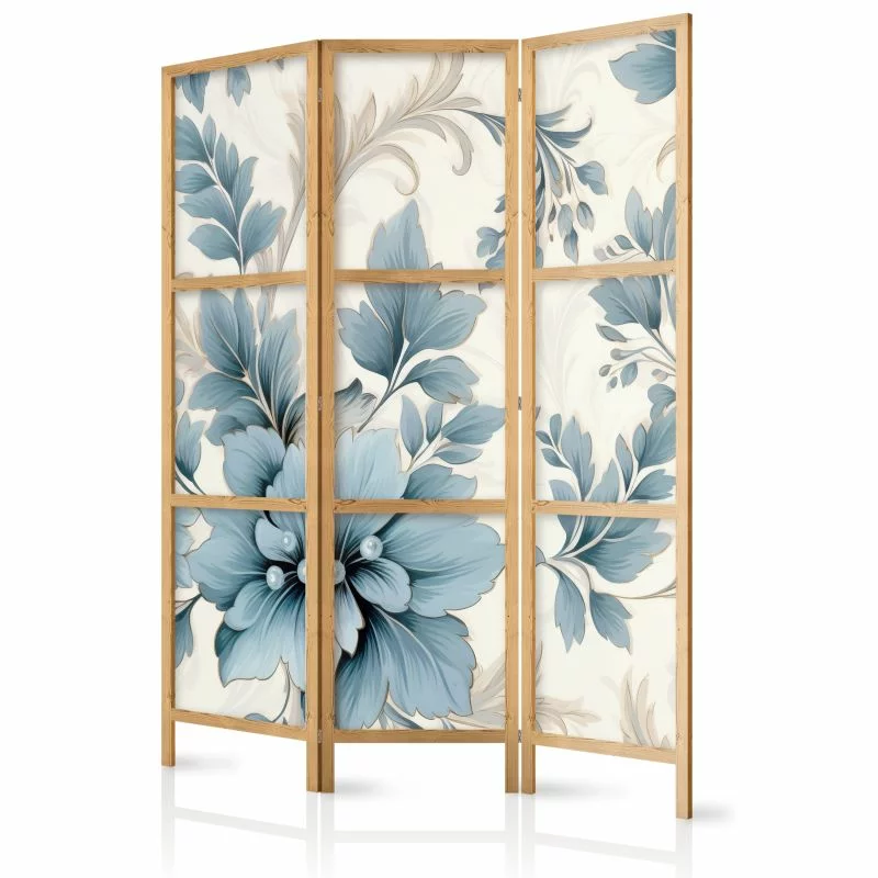 Parawan japoński - Turkusowe kwiaty w retro klimacie - florystyczne ornamenty - obrazek 1