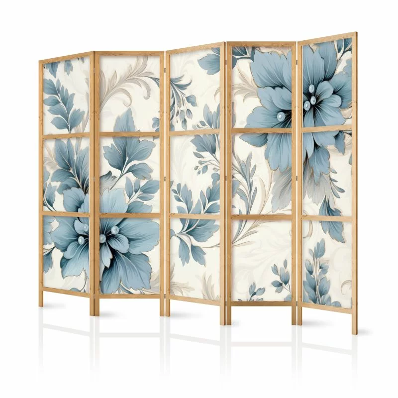 Parawan japoński - Turkusowe kwiaty w retro klimacie - florystyczne ornamenty - obrazek 1