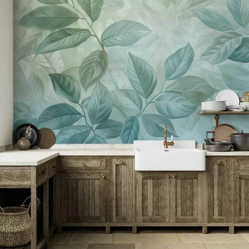 Fototapeta - Duże liście w odcieniach zielono-miętowych: motyw botaniczny - obrazek 1