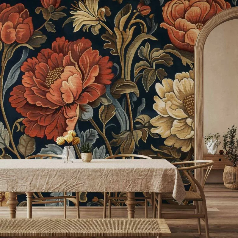 Fototapeta - Gobelinowe wielkie kwiaty retro motyw florystyczny w stylu kilimu / Gobelinowe wielkie kwiaty w stylu retro - obrazek 1