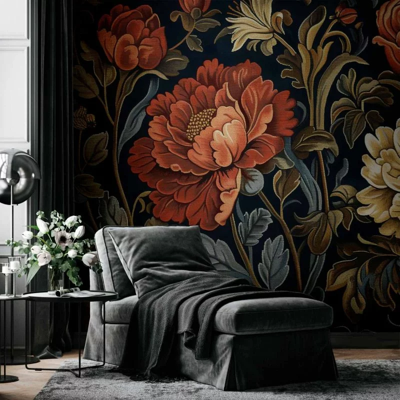 Fototapeta - Gobelinowe wielkie kwiaty retro motyw florystyczny w stylu kilimu / Gobelinowe wielkie kwiaty w stylu retro - obrazek 1