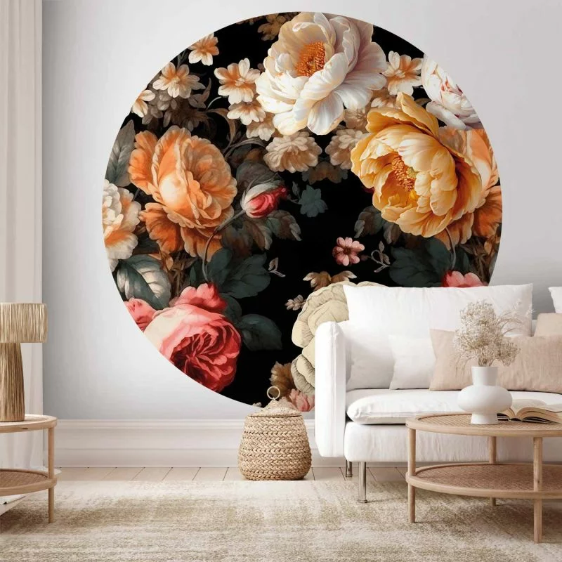 Fototapeta okrągła - Kolorowe kwiaty na czarnym tle - obrazek 1