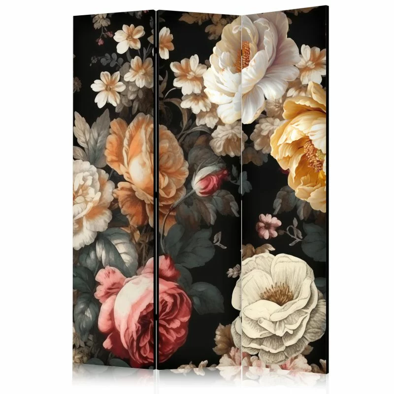 Parawan - Florystyka w stylu vintage - ogrom kolorowych kwiatów na czarnym tle - obrazek 1