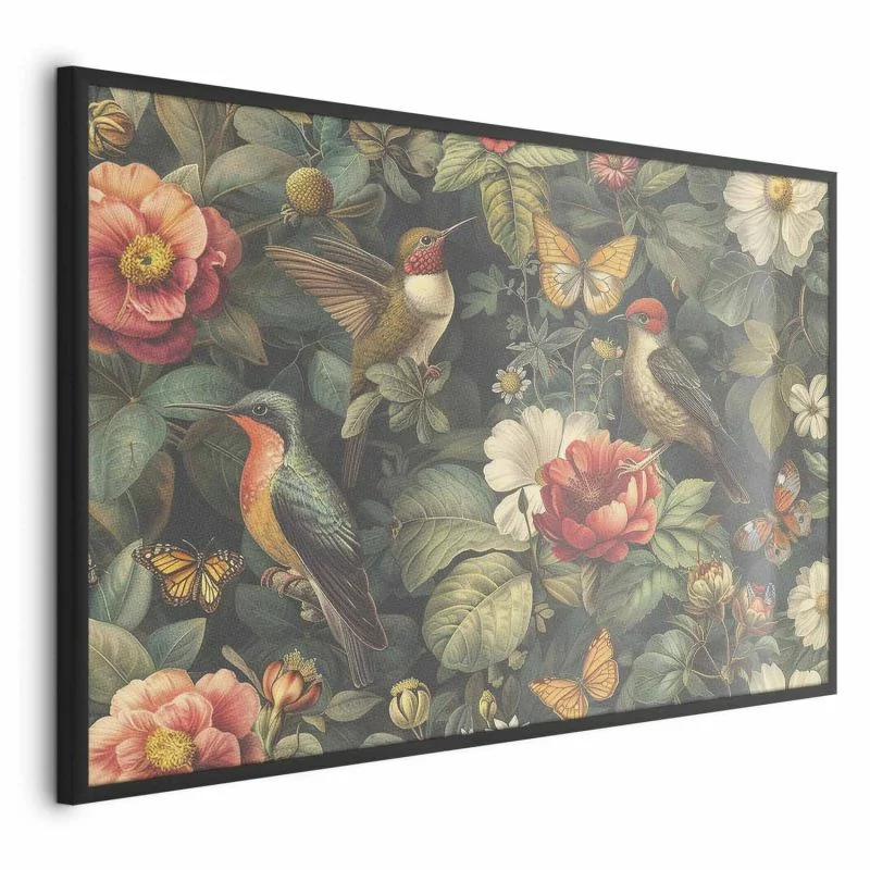 Plakat - Kwiaty; ptaki i motyle - ilustracja w stylu vintage - obrazek 1