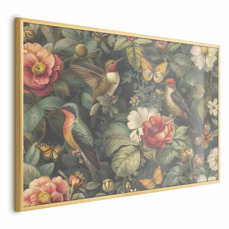 Plakat - Kwiaty; ptaki i motyle - ilustracja w stylu vintage - obrazek 1