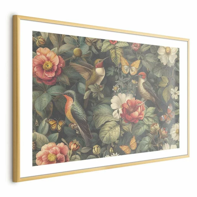 Plakat - Kwiaty; ptaki i motyle - ilustracja w stylu vintage - obrazek 1