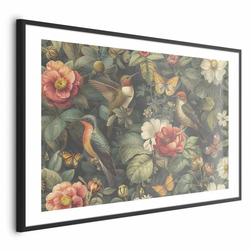 Plakat - Kwiaty; ptaki i motyle - ilustracja w stylu vintage - obrazek 1