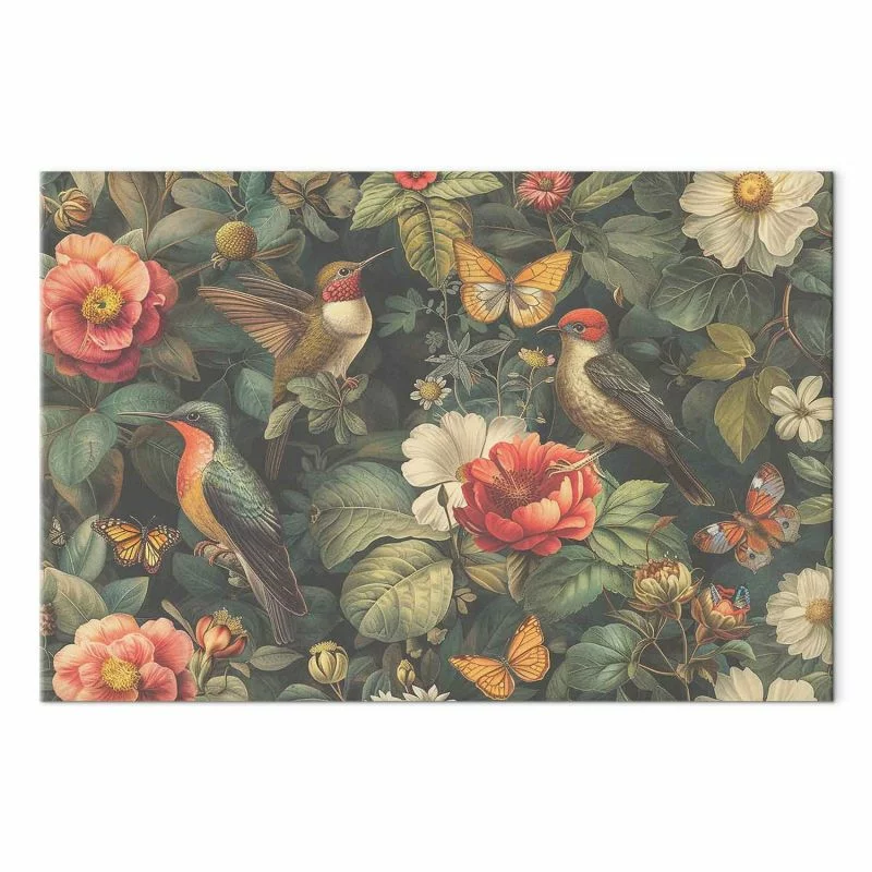 Obraz - Kwiaty, ptaki i motyle - ilustracja w stylu vintage - obrazek 1
