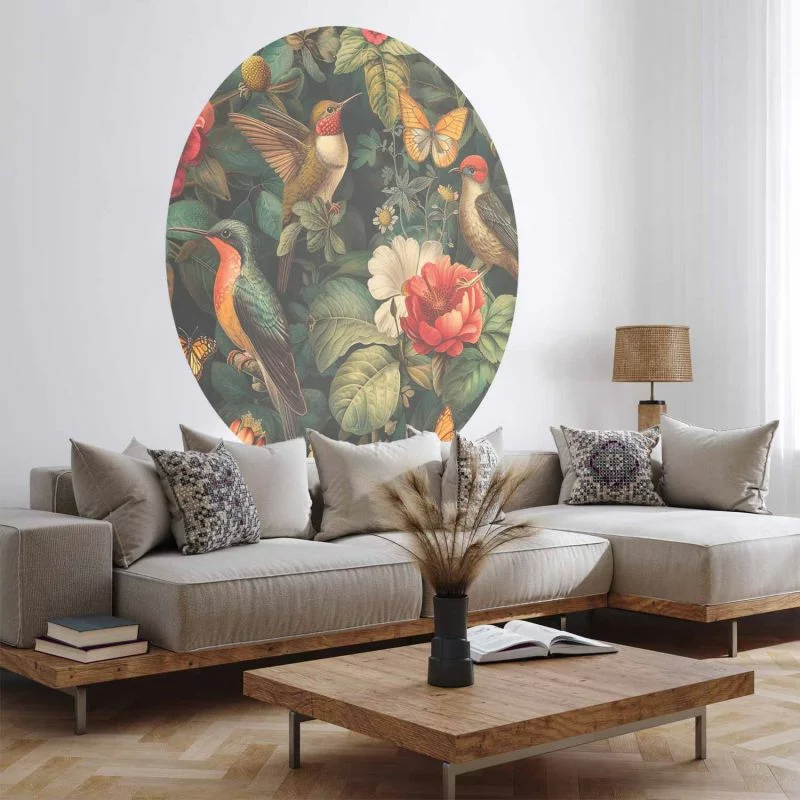 Fototapeta okrągła - Kwiaty, ptaki i motyle - ilustracja w stylu vintage - obrazek 1