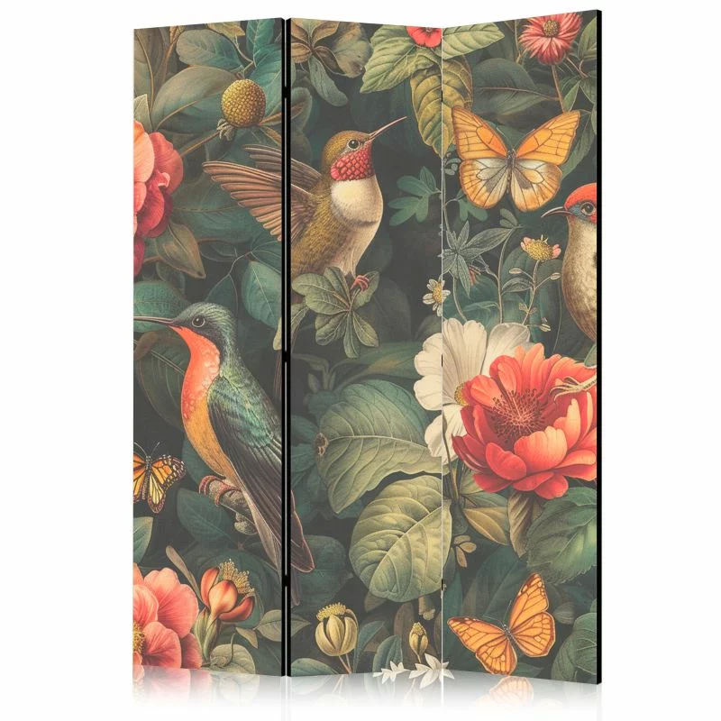 Parawan - W ogrodzie botanicznym - kwiaty ptaki i motyle - barwna ilustracja - obrazek 1
