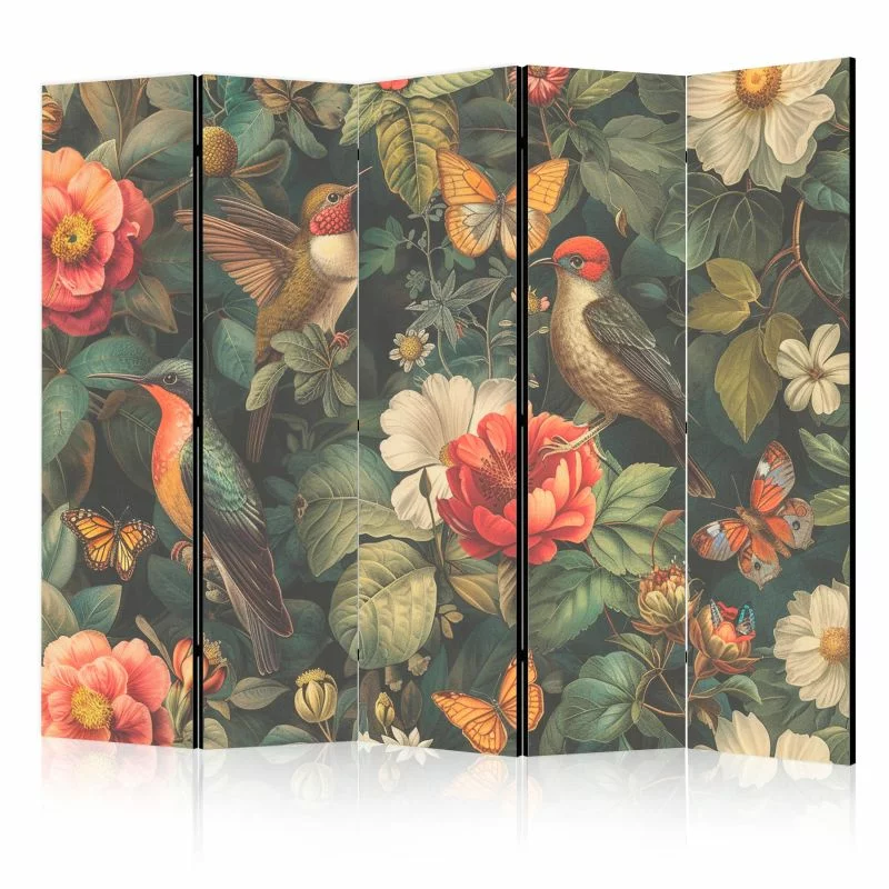 Parawan - W ogrodzie botanicznym - kwiaty ptaki i motyle - barwna ilustracja - obrazek 1