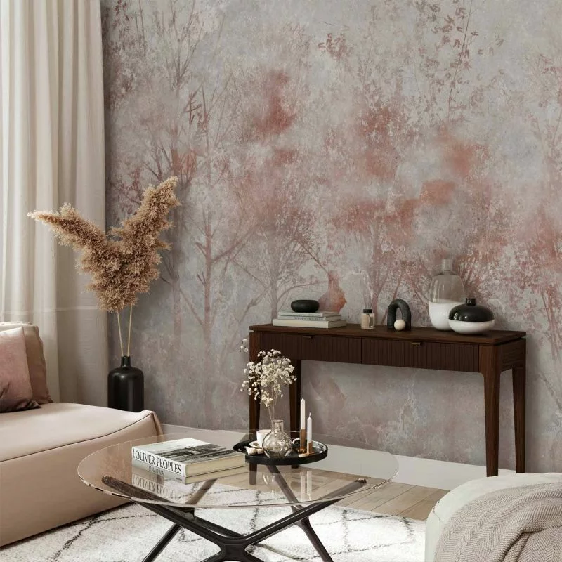 Fototapeta - Jesienny pejzaż - abstrakcja z drzewami i ptakami na tle z teksturą - obrazek 1