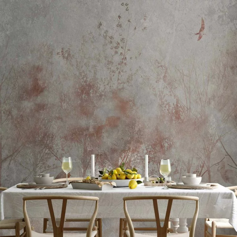 Fototapeta - Jesienny pejzaż - abstrakcja z drzewami i ptakami na tle z teksturą - obrazek 1