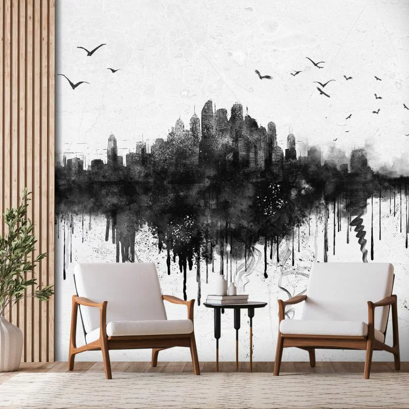 Fototapeta wodoodporna - Wielkie miasto - abstrakcyjna panorama miasta w stylu czarnej akwareli - obrazek 1