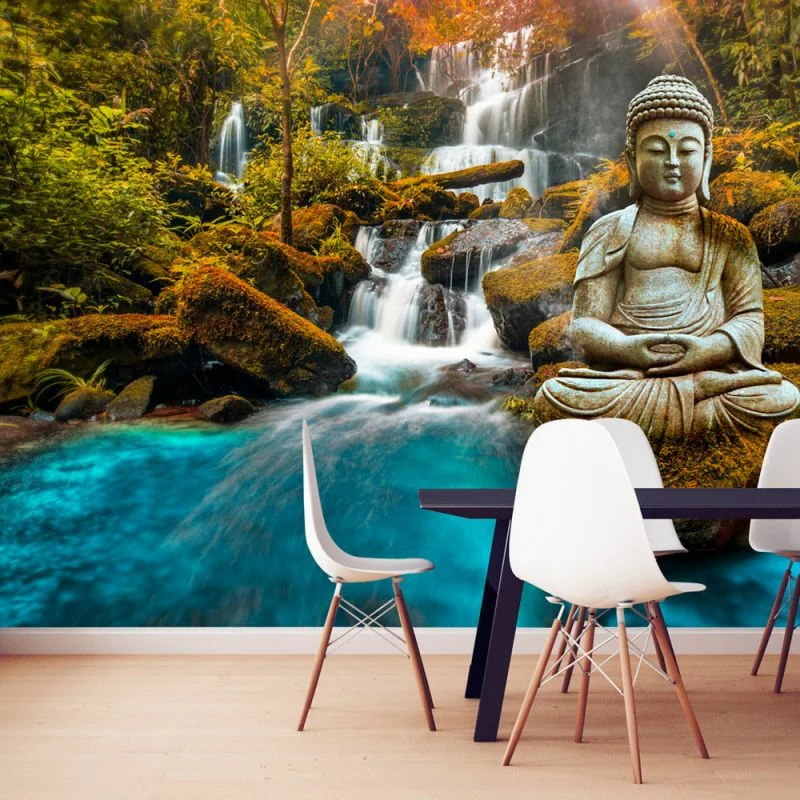 Fototapeta wodoodporna - Orient - pejzaż z rzeźbą Buddy na tle wodospadu i egzotycznego lasu - obrazek 1