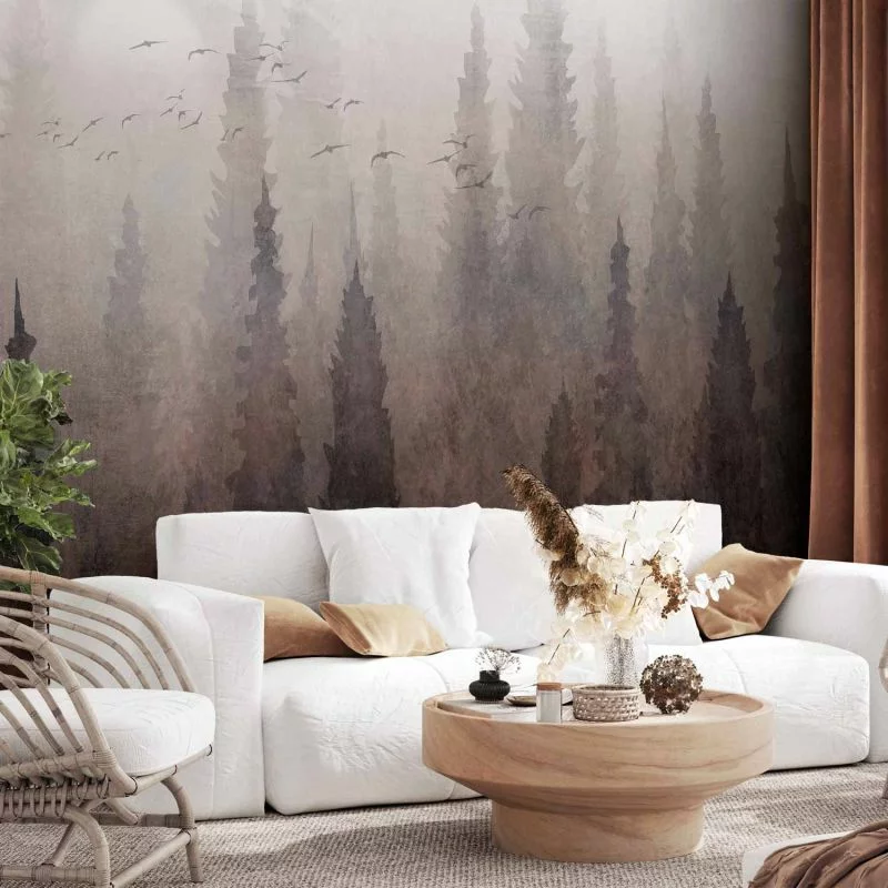 Fototapeta - Przelot ptaków nad koroną drzew - krajobraz ciemnego lasu we mgle - obrazek 1