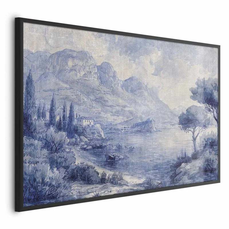 Plakat - Niebieska zatoka - włoski krajobraz jeziora Como malowany niebieskim tuszem - obrazek 1