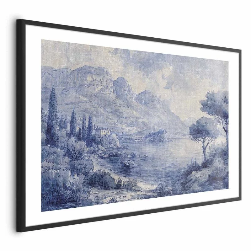 Plakat - Niebieska zatoka - włoski krajobraz jeziora Como malowany niebieskim tuszem - obrazek 1