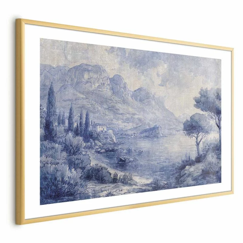 Plakat - Niebieska zatoka - włoski krajobraz jeziora Como malowany niebieskim tuszem - obrazek 1