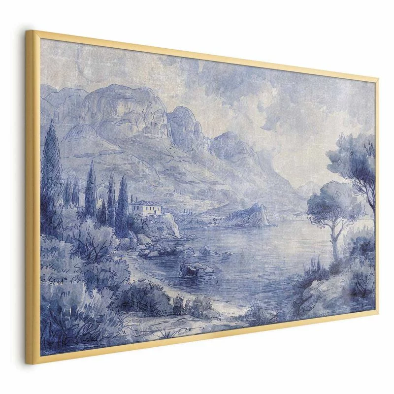 Plakat - Niebieska zatoka - włoski krajobraz jeziora Como malowany niebieskim tuszem - obrazek 1
