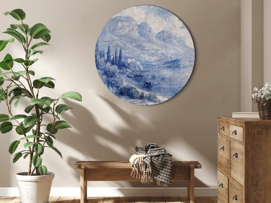Obraz okrągły - Niebieska zatoka - włoski krajobraz jeziora Como malowany niebieskim tuszem - obrazek 1