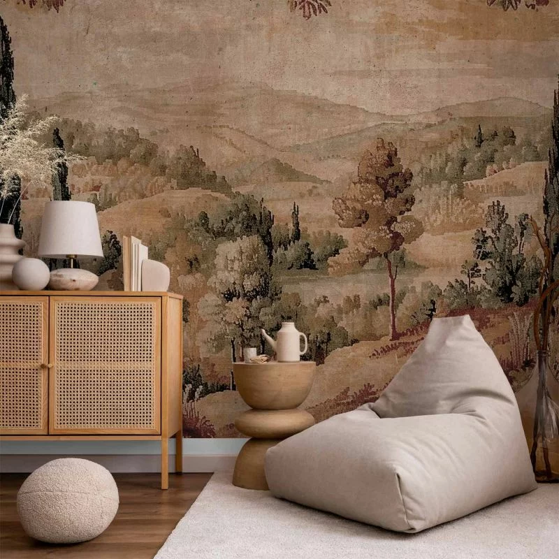 Fototapeta - Śródziemnomorski krajobraz - stary gobelin ze wzgórzem i jeziorem - obrazek 1