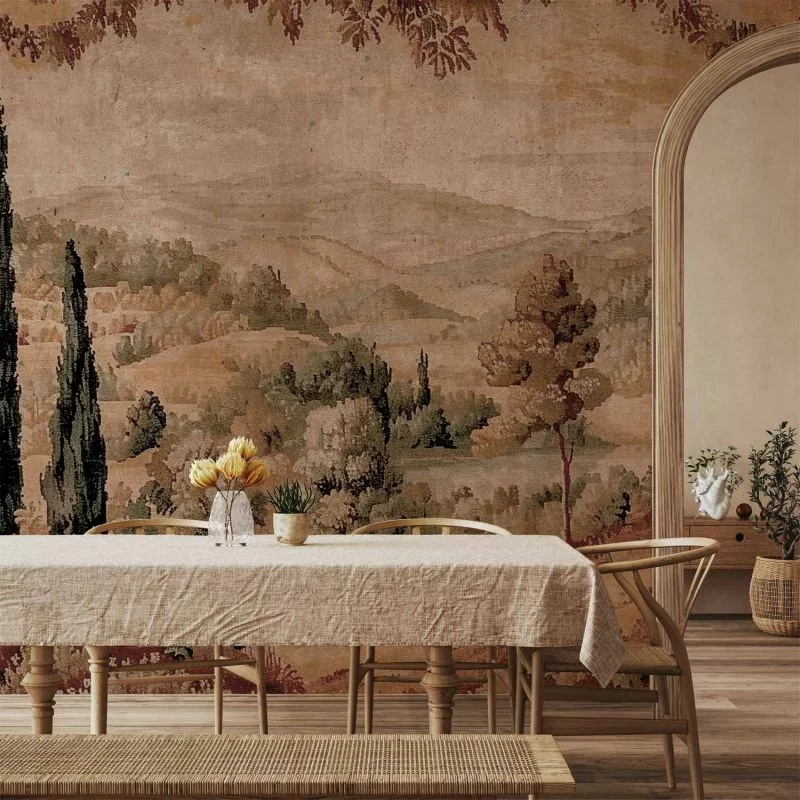 Fototapeta - Śródziemnomorski krajobraz - stary gobelin ze wzgórzem i jeziorem - obrazek 1