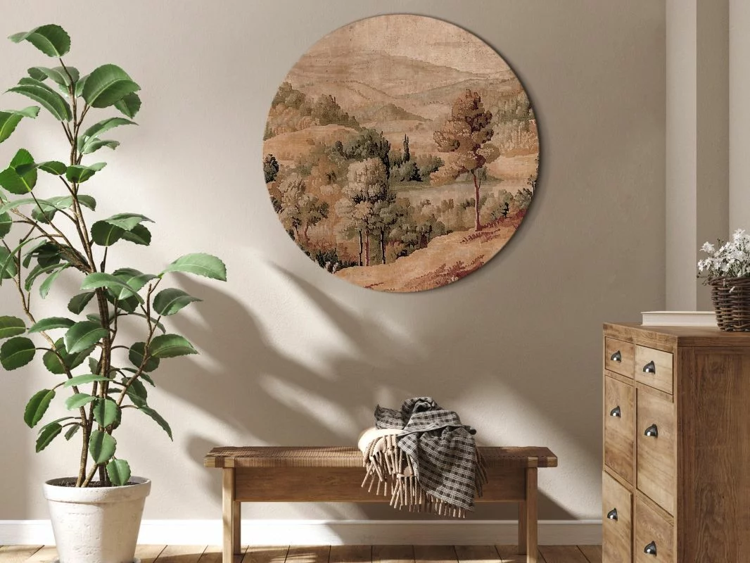 Obraz okrągły - Śródziemnomorski krajobraz - stary gobelin ze wzgórzem i jeziorem - obrazek 1