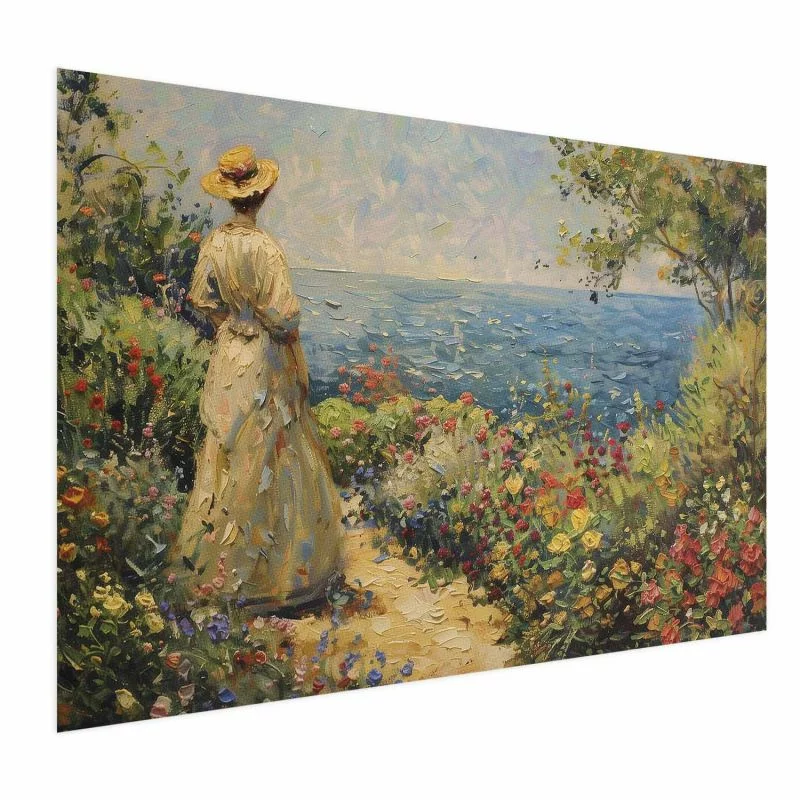 Plakat - Nostalgiczna impresja - zamyślona kobieta kontempluje krajobraz - obrazek 1