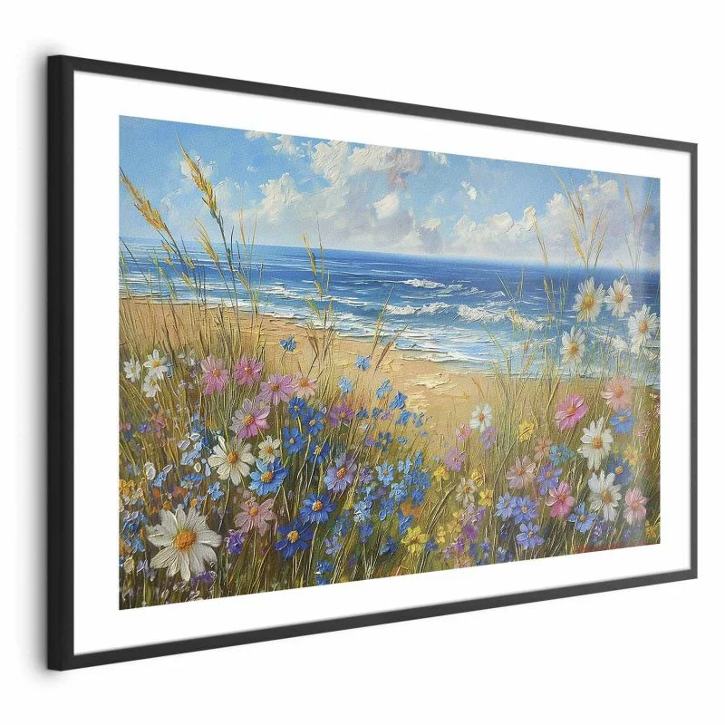 Plakat - Morski krajobraz - polne kwiaty i widok na wzburzone morze - obrazek 1
