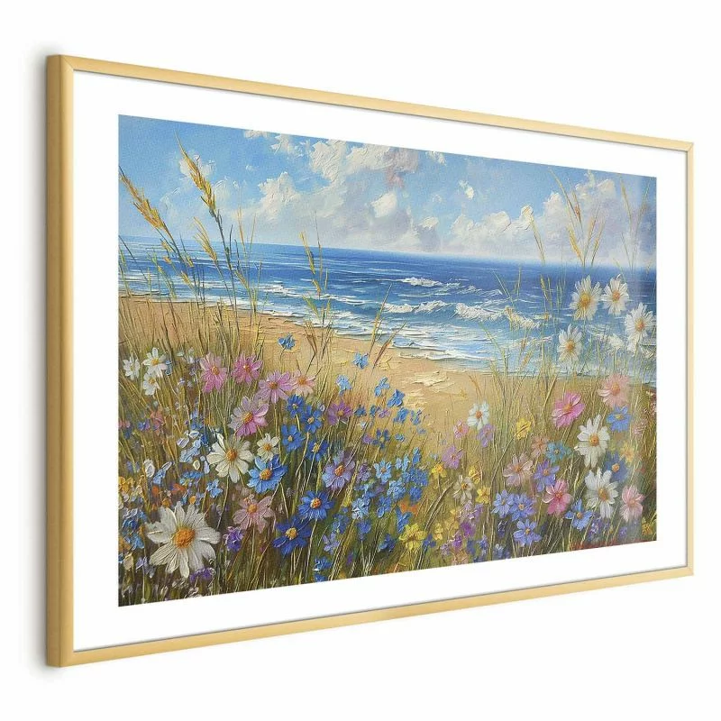 Plakat - Morski krajobraz - polne kwiaty i widok na wzburzone morze - obrazek 1